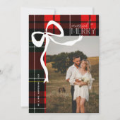 Merry & Married Script Photo Christmas Tartan Bow  シーズンカード (正面)