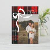 Merry & Married Script Photo Christmas Tartan Bow  シーズンカード (スタンド正面)