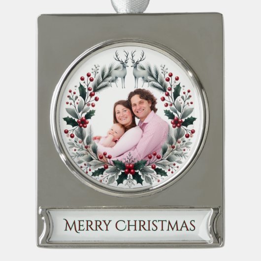 Merry Moments – Customizable Christmas Keepsake シルバープレートバナーオーナメント (正面)