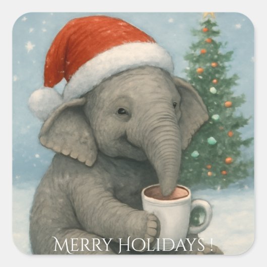 Merry Moments with a Cocoa-Loving Elephant Holiday スクエアシール (正面)