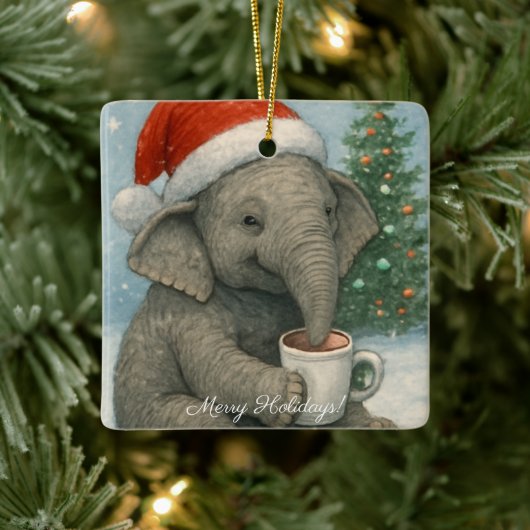 Merry Moments with a Cocoa-Loving Elephant Holiday セラミックオーナメント (ツリー)