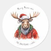 Merry Moose-mas Personalized Watercolor Christmas ラウンドシール (正面)