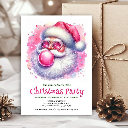 Merry pink santa chewing gum watercolor Christmas 招待状