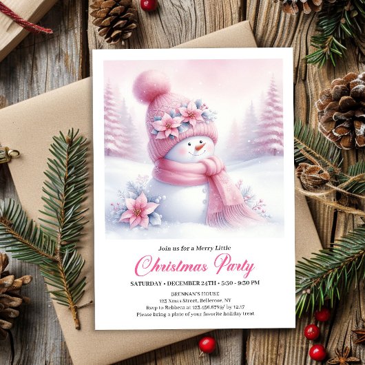 Merry Pink Snowman Editable Christmas Invite Digit 招待状