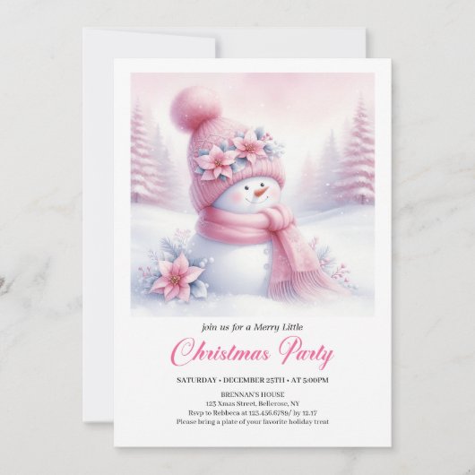 Merry Pink Snowman Editable Christmas Invite Digit 招待状 (正面)