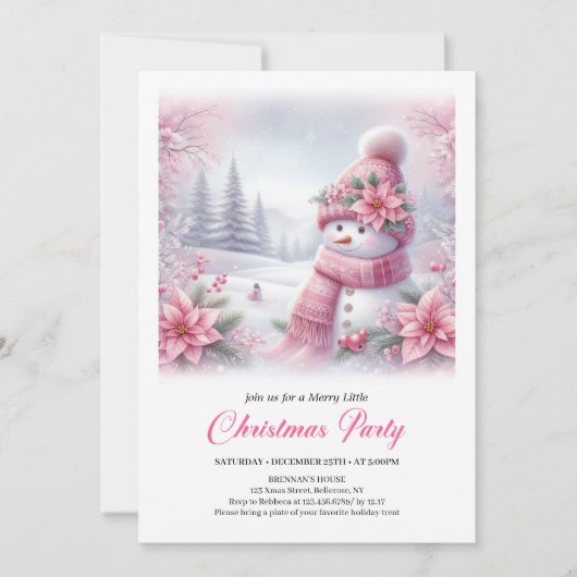 Merry Pink Snowman Editable Christmas Kids Invite  招待状 (正面)