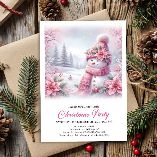 Merry Pink Snowman Editable Christmas Kids Invite  招待状