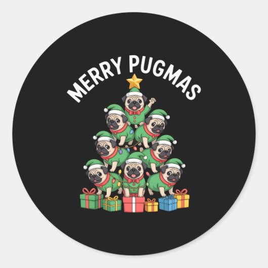 Merry Pugmas Funny Pug Christmas Tree Holiday Long ラウンドシール (正面)