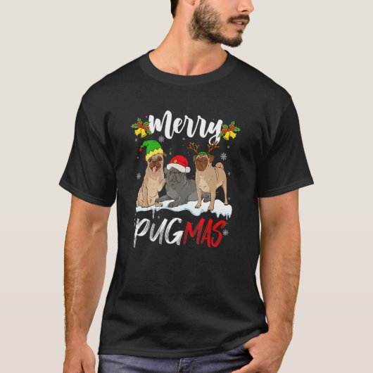 Merry Pugmas   Santa Reindeer Elf Pug Dog Christma Tシャツ (正面)