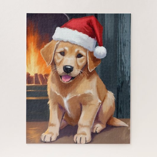 Merry Puppy | Dog Santa Hat Christmas Watercolor ジグソーパズル (縦)