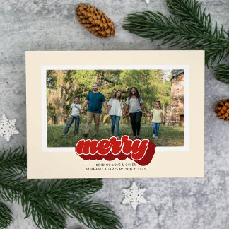 Merry Red Retro Script Christmas Photo シーズンカード