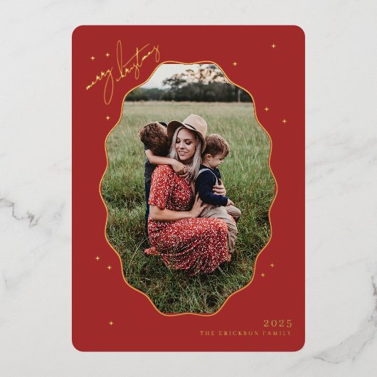 Merry Red Scallop Frame Holiday Photo Card 箔シーズンカード (正面)