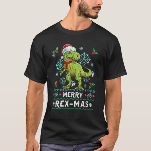 Merry Rex-Mas Christmas Rex Dinosaur Ugly Sweater Tシャツ (正面)