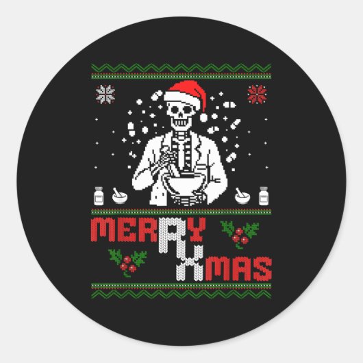 Merry Rx Mas Skeleton Pharmacist Pharmacy Tech Ugl ラウンドシール (正面)