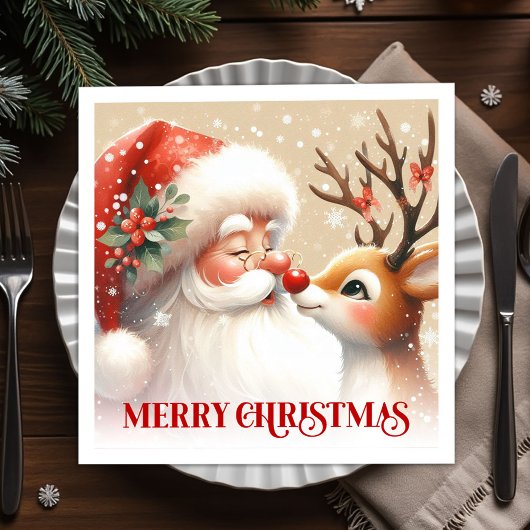 Merry Santa and Rudolph Christmas Napkins Dinner   スタンダードカクテルナプキン