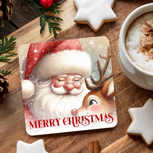 Merry Santa and Rudolph Festive Christmas Coasters スクエアペーパーコースター