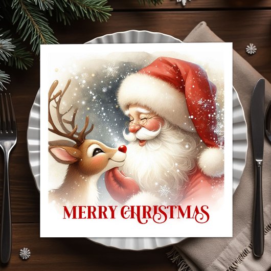 Merry Santa Rudolph Christmas Dinner Napkins スタンダードカクテルナプキン