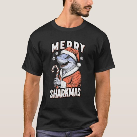 Merry Sharkmas Funny Shark Santa Claus Candy Cane  Tシャツ (正面)