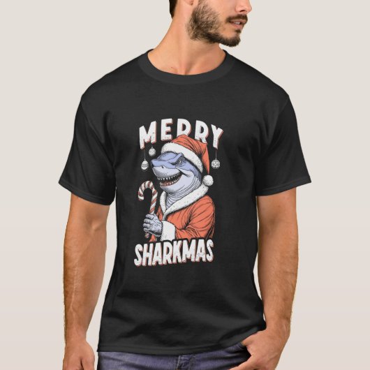 Merry Sharkmas Funny Shark Santa Claus Candy Cane  Tシャツ (正面)