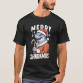 Merry Sharkmas Funny Shark Santa Claus Candy Cane  Tシャツ (正面)