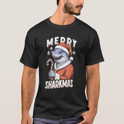 Merry Sharkmas Funny Shark Santa Claus Candy Cane  Tシャツ (正面)