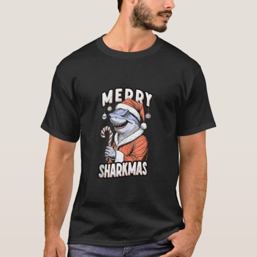 Merry Sharkmas Funny Shark Santa Claus Candy Cane  Tシャツ (正面)