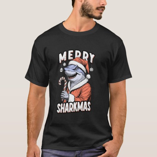 Merry Sharkmas Funny Shark Santa Claus Candy Cane  Tシャツ (正面)