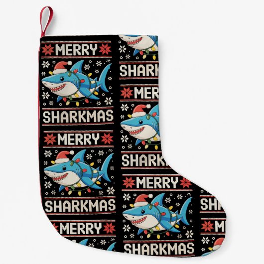 Merry Sharkmas Shark Christmas Ugly Xmas Lights スモールクリスマスストッキング (正面)