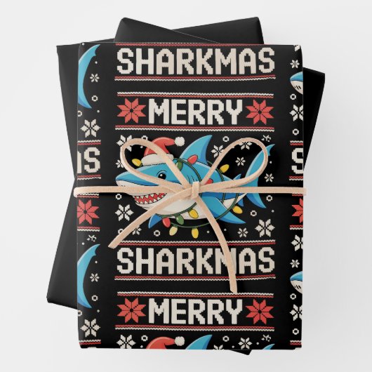 Merry Sharkmas Shark Christmas Ugly Xmas Lights ラッピングペーパーシート (インサイチュ)