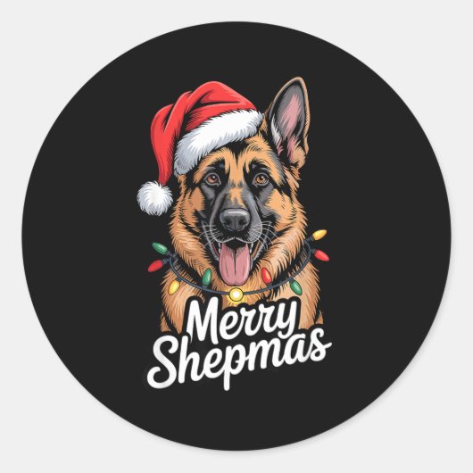 Merry Shepmas German Shepherd Christmas Lights Hum ラウンドシール (正面)