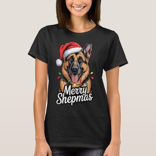 Merry Shepmas German Shepherd Christmas Lights Hum Tシャツ (正面)