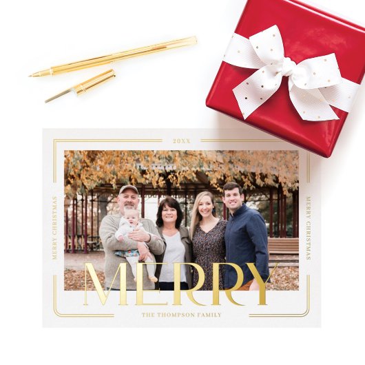 Merry Simple & Modern Gold Frame Family Photo 箔シーズンカード