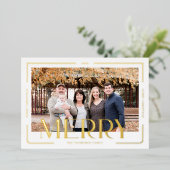 Merry Simple & Modern Gold Frame Family Photo 箔シーズンカード (立ち正面)