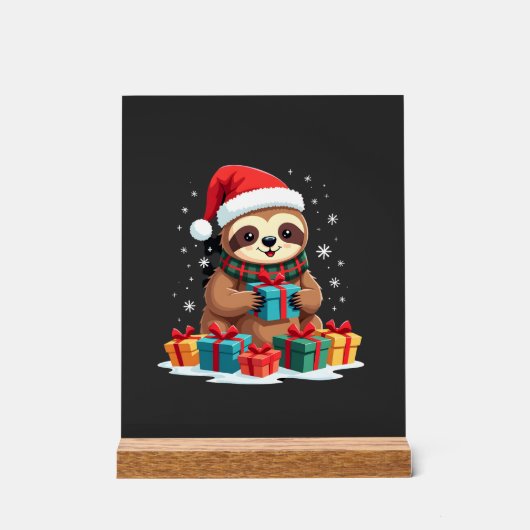 Merry Slothmas cute Christmas sloth Santa hat Xmas アクリルサイン (正面)