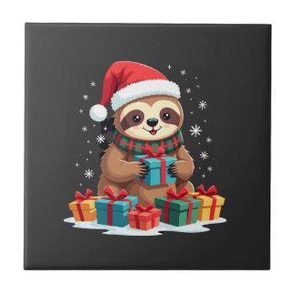 Merry Slothmas cute Christmas sloth Santa hat Xmas タイル