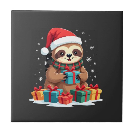 Merry Slothmas cute Christmas sloth Santa hat Xmas タイル (正面)
