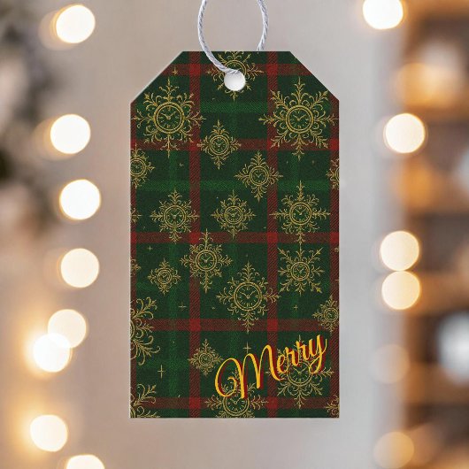 Merry Steampunk Snowflake Red and Green Tartan ギフトタグ