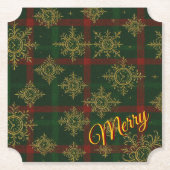 Merry Steampunk Snowflake Red and Green Tartan ペーパーコースター (正面)