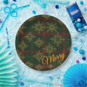 Merry Steampunk Snowflake Red and Green Tartan ペーパープレート (パーティー)