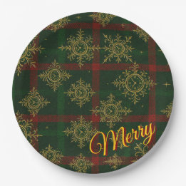 Merry Steampunk Snowflake Red and Green Tartan ペーパープレート