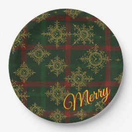 Merry Steampunk Snowflake Red and Green Tartan ペーパープレート