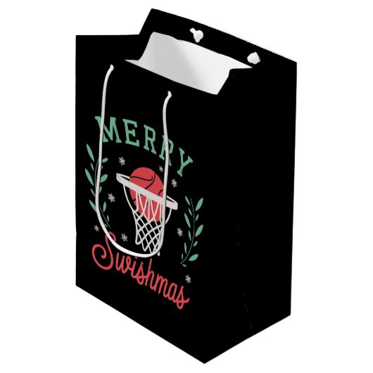 Merry Swishmas Basketball Christmas Sports Xmas  ミディアムペーパーバッグ (正面アングル)