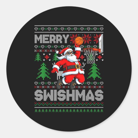 Merry Swishmas Basketball Ugly Christmas Santa Men ラウンドシール (正面)