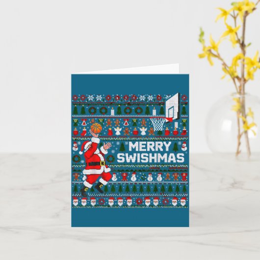 Merry Swishmas Santa Basketball Ugly Sweater Style カード (黄色い花)