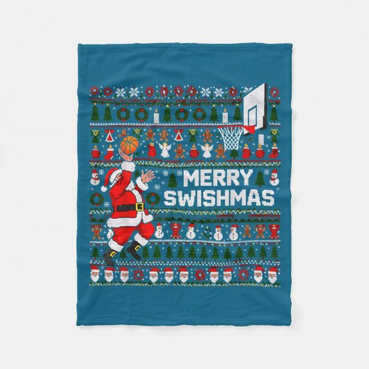 Merry Swishmas Santa Basketball Ugly Sweater Style フリースブランケット (正面)