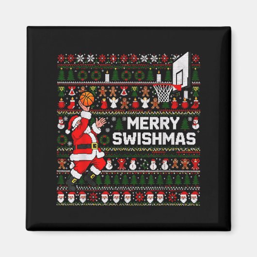 Merry Swishmas Santa Basketball Ugly Sweater Style マグネット (正面)