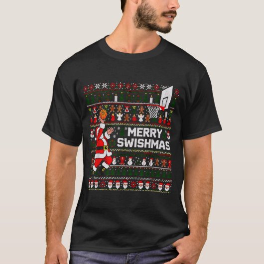 Merry Swishmas Santa Basketball Ugly Sweater Style Tシャツ (正面)