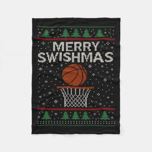 Merry Swishmas Ugly Christmas Sweater Basketball J フリースブランケット (正面)