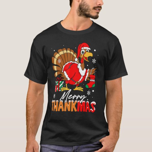 Merry Thankmas Turkey Santa Hat Thanksgiving Chris Tシャツ (正面)