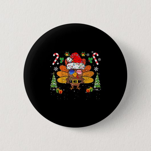 Merry Thanksmas Happy Thanksgiving Santa Turkey Xm 缶バッジ (正面)